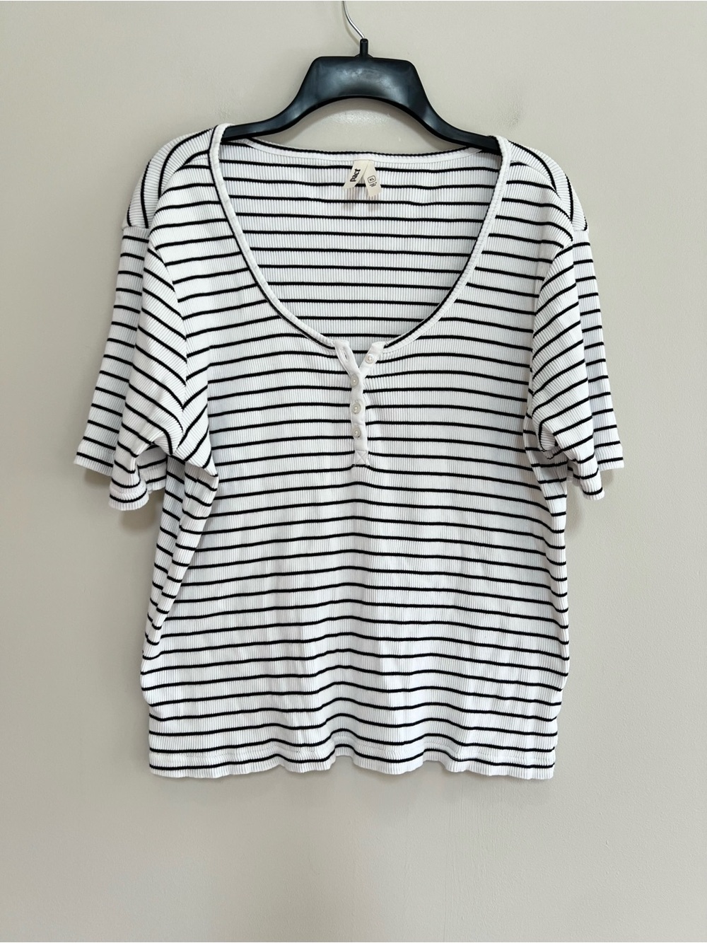 Pact Women's Favorite Rib Button Henley Short Sleeve Top Striped White Black, XL